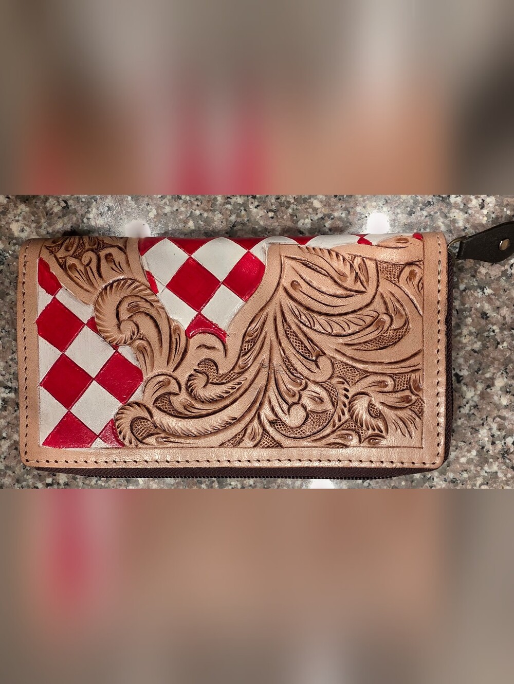 Leather Tooled Accent Wallet in Red, Cream and Tan